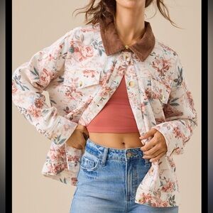 Oversized Altar'd State Floral Jean Jacket with Brown Collar